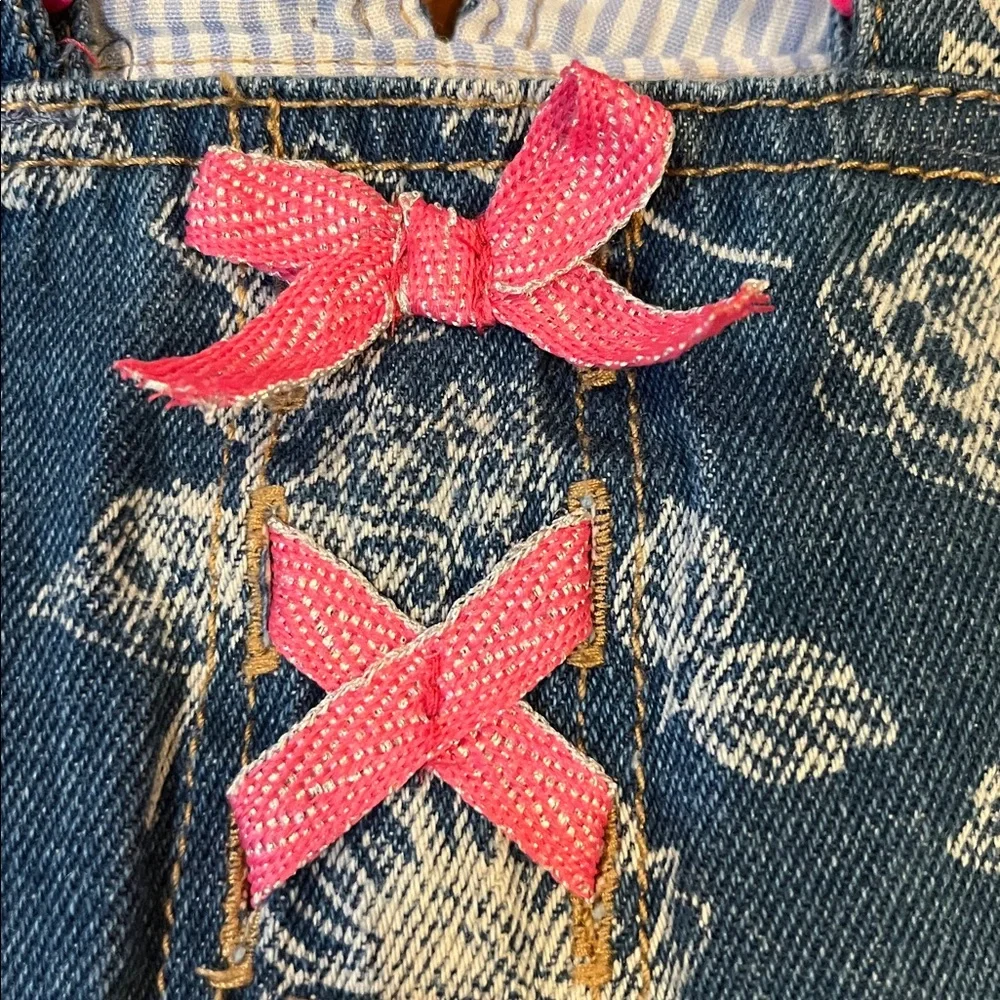 Girls Floral Print Denim Short Overalls W/Pink Trim i Bow Accents 18 Months EUC